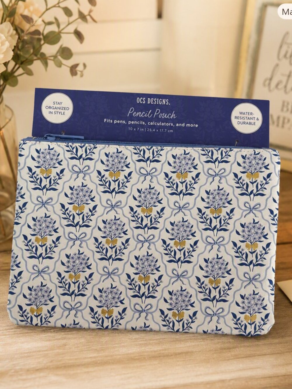OCS Designs Floral Blue & Gold Pencil Pouch NWT